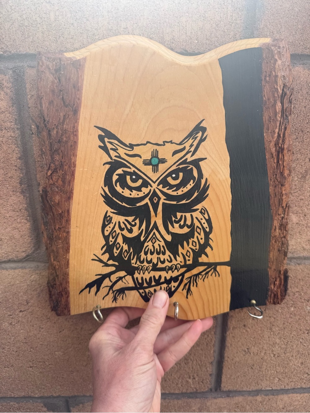 Live Edge Wood Owl Wall Hanging Key Rack Holder Southwestern Zia Artwork 10x10
